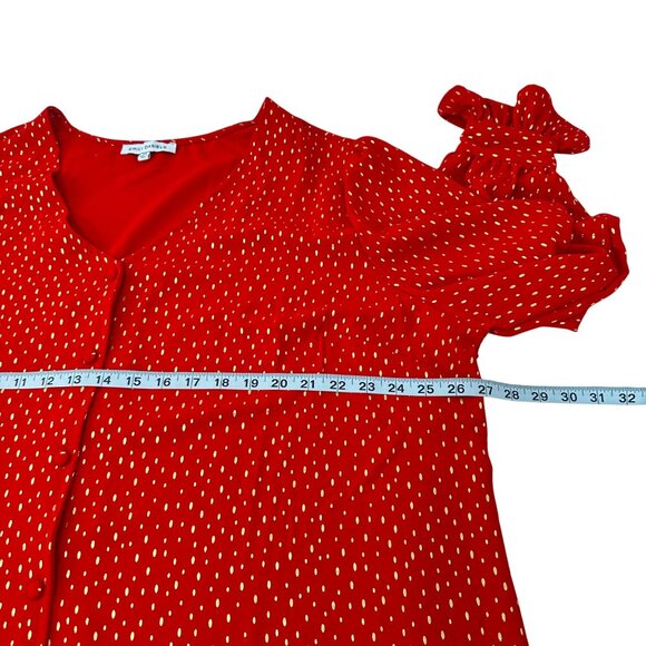 Emily Daniels Women Red Gold Polka Dot Blouse 2X Long Sleeve Ruffle Cuffs V-Neck - Picture 6 of 12